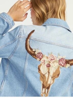 Embroidered Floral Bull Skull Light Blue Denim Jacket